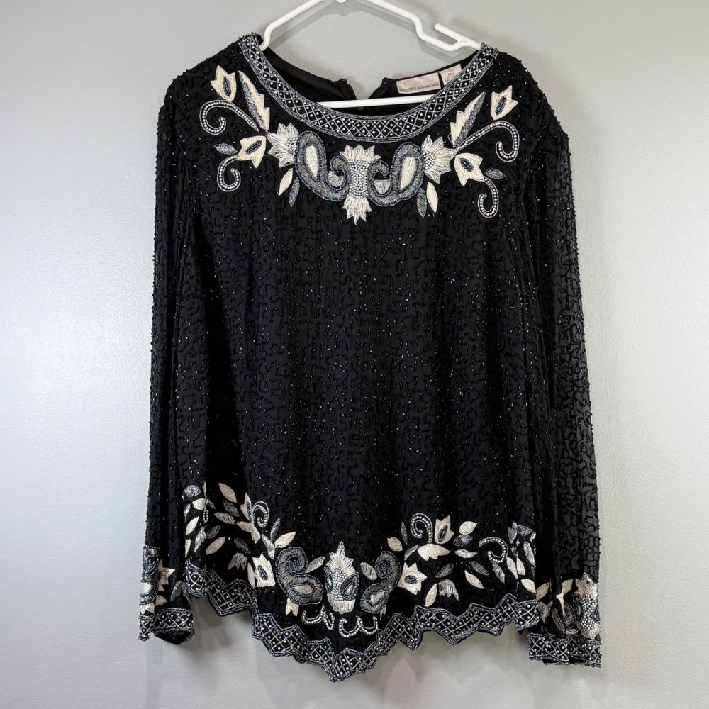 Drapers & Damons 2X Black Silk Beaded Embroidered Evening Blouse Top whimsigoth